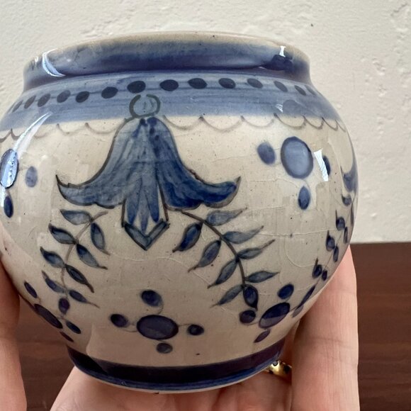 Antique Carvalhinho Porto Portugal Ceramic Blue White Bowl Vase hand painted pot - Picture 10 of 14